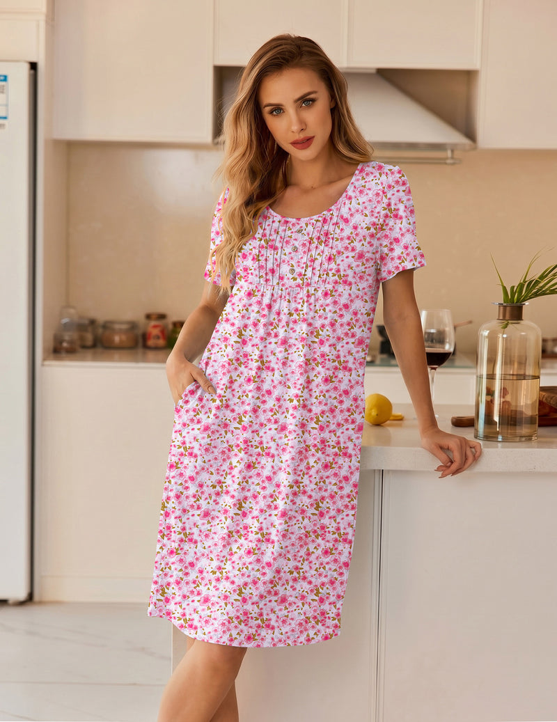 Floral short-sleeve mumu house dress in soft pink with dense small floral print