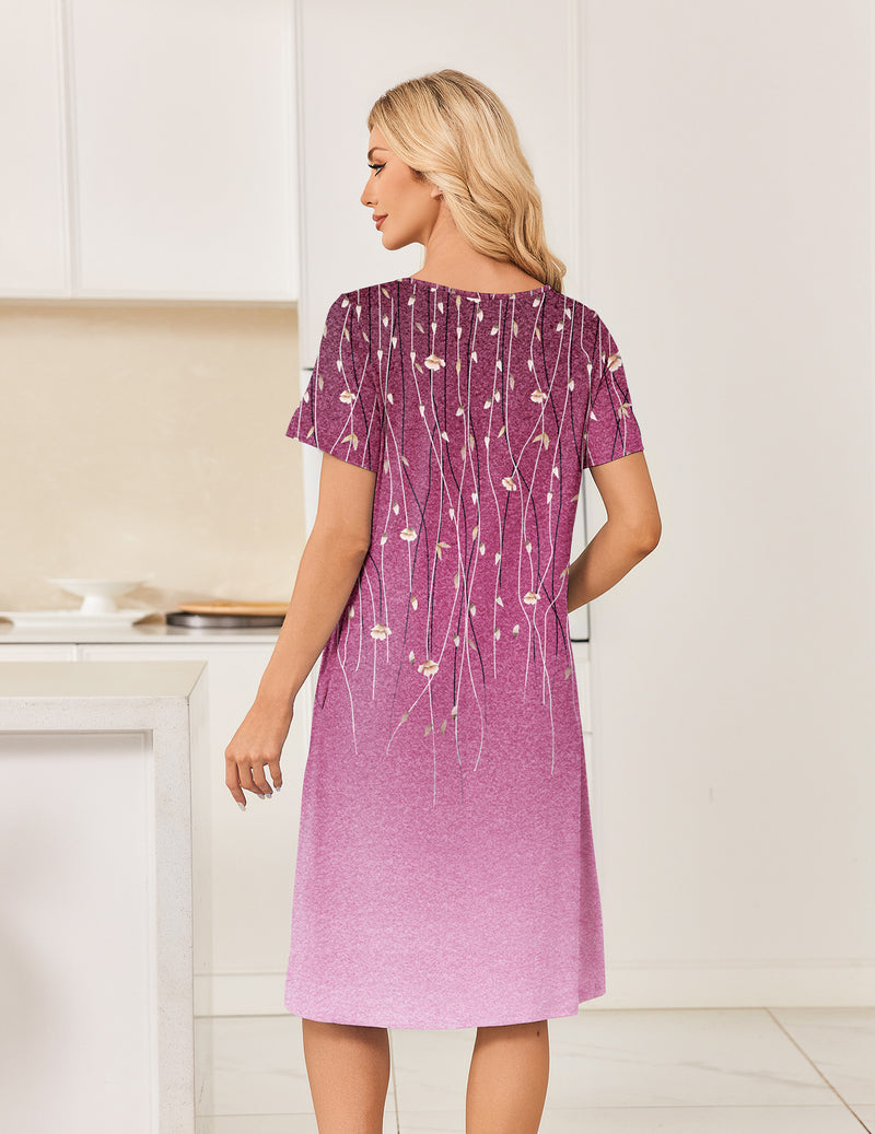 Back view of short-sleeve mumu dress in mauve purple with vertical stripe detail