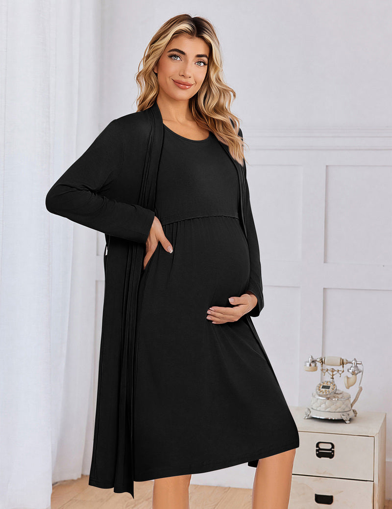 Black long-sleeve maternity nursing gown with tie belt and crossover nursing panel