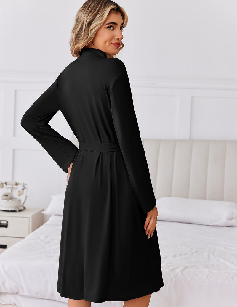 Black long robe with tie waist and long sleeves, side view