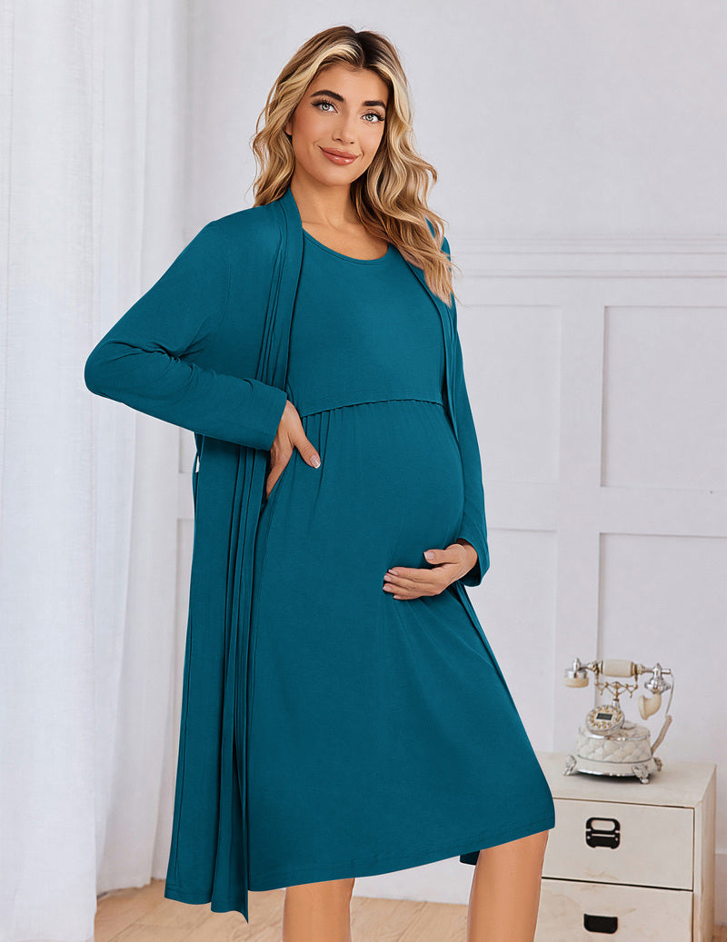 Teal long-sleeve maternity nursing gown with open robe and tie waist