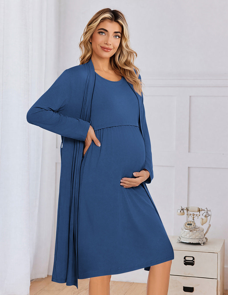 Blue long-sleeve maternity nursing gown with open robe and tie waist