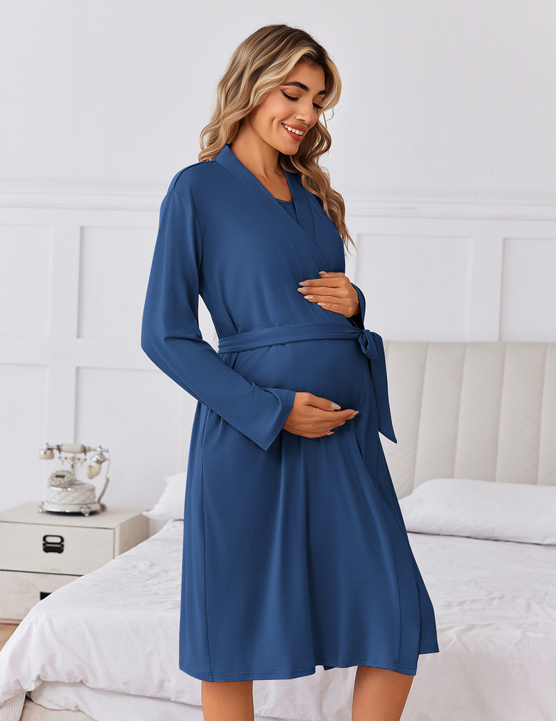 Blue long-sleeve maternity nursing gown with tie belt and crossover front panel