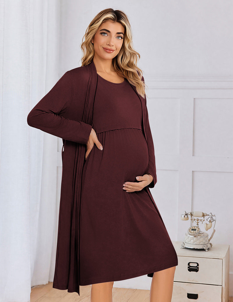 Maternity nursing gown and robe set, maroon solid dress with long sleeves and matching robe