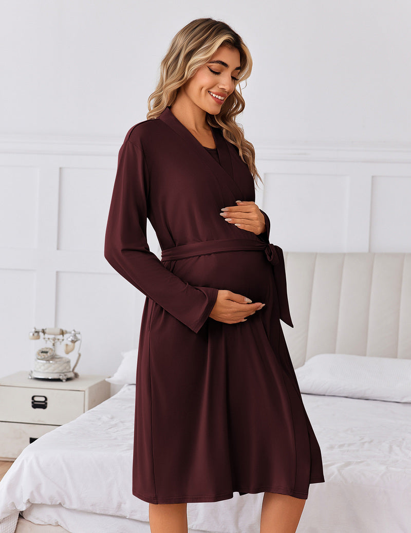 Maternity nursing gown and robe set, maroon long-sleeve dress with tied waist and open robe
