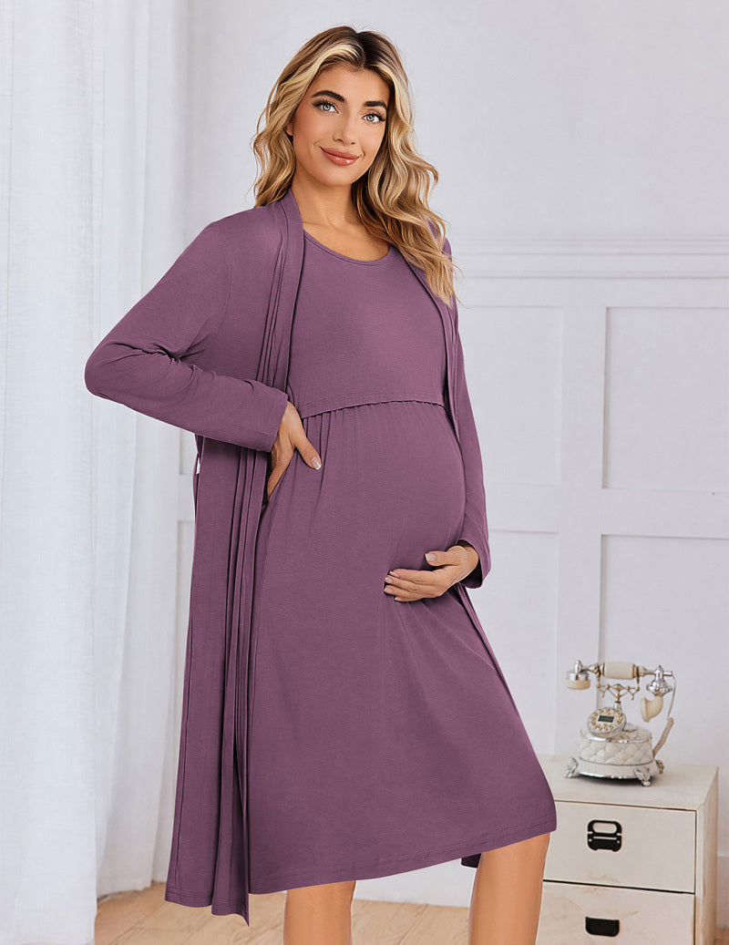 Maternity nursing gown and robe set, mauve solid long-sleeve dress with matching open robe