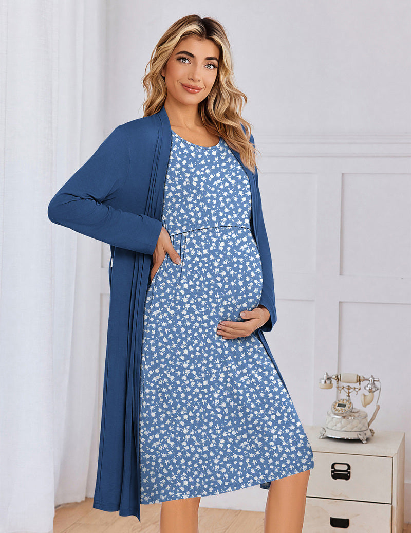 Maternity nursing gown and robe set, blue floral long-sleeve dress with open matching robe
