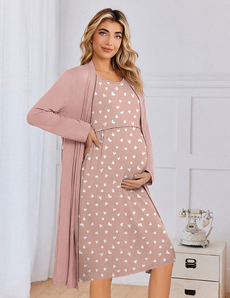 Maternity nursing gown and robe set, blush pink long-sleeve dress with small heart print robe