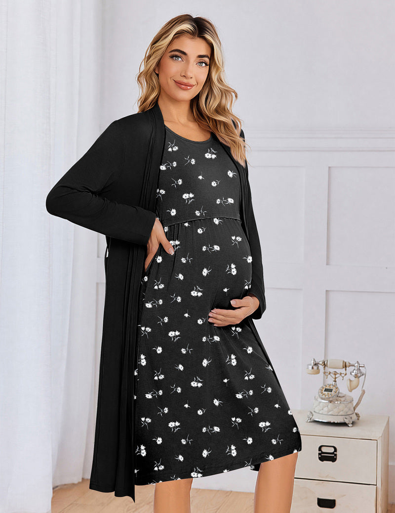Maternity nursing gown and robe set, black long-sleeve dress with white floral print and robe