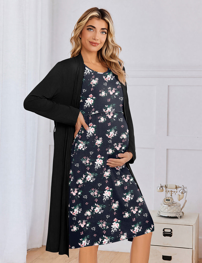 Maternity nursing gown and robe set, black long-sleeve dress with floral print and open robe