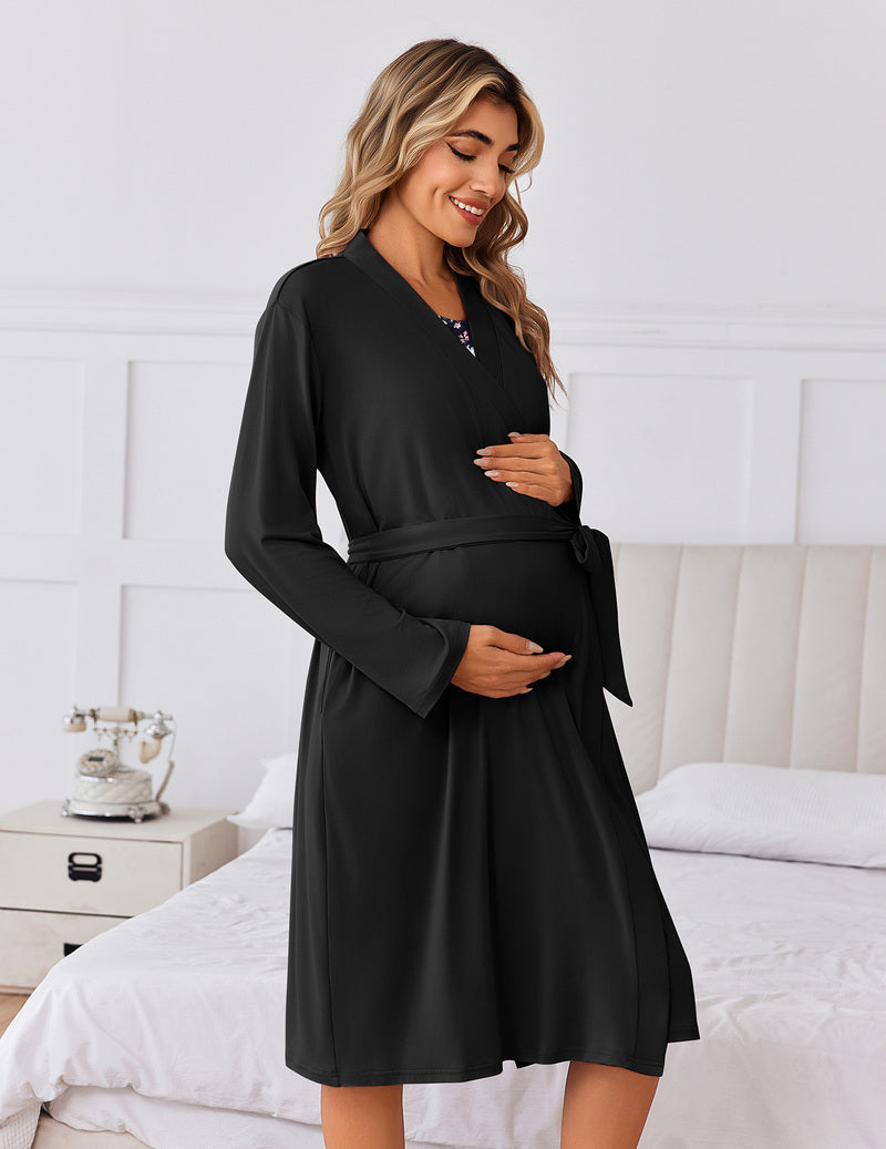 Maternity nursing gown and robe set, black solid long-sleeve dress with matching open robe