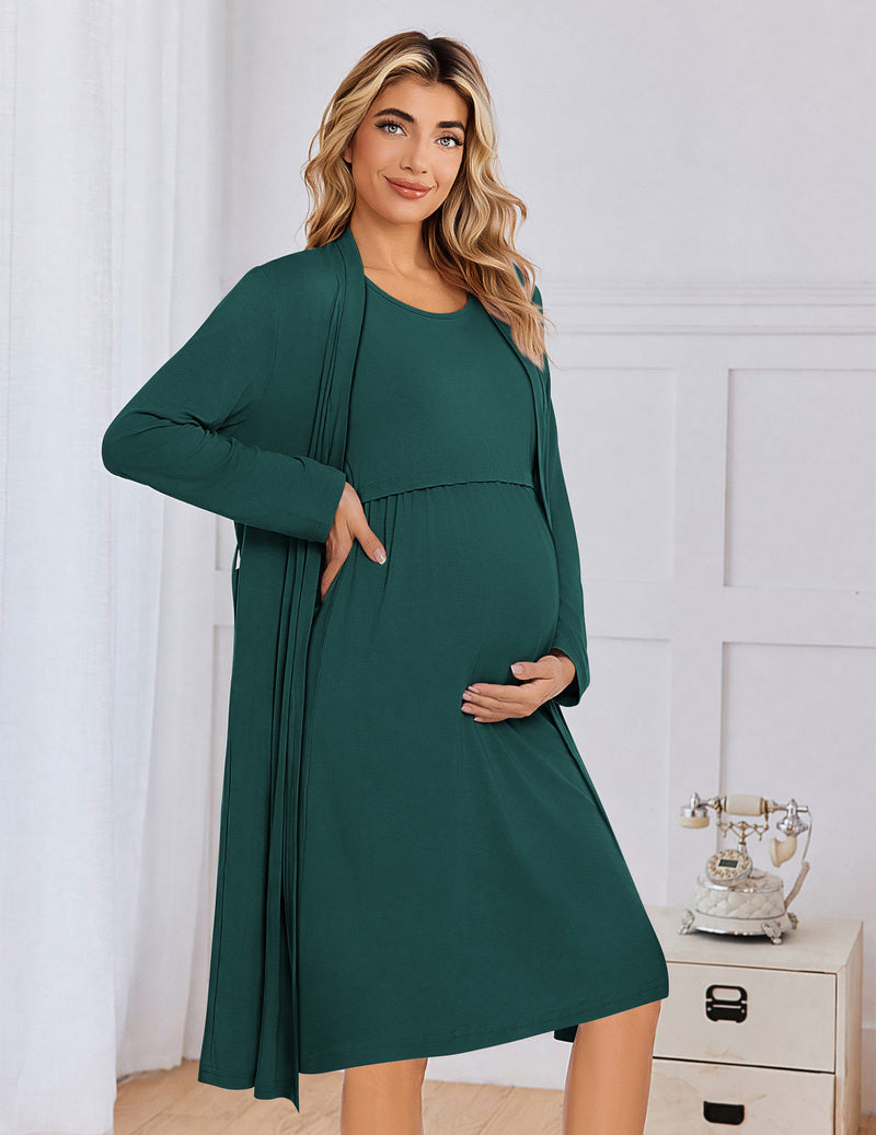 Maternity nursing gown and robe set, dark green solid long-sleeve dress with matching open robe