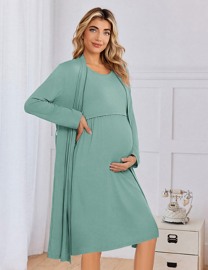 Maternity nursing gown and robe set, celadon green solid long-sleeve dress with matching open robe