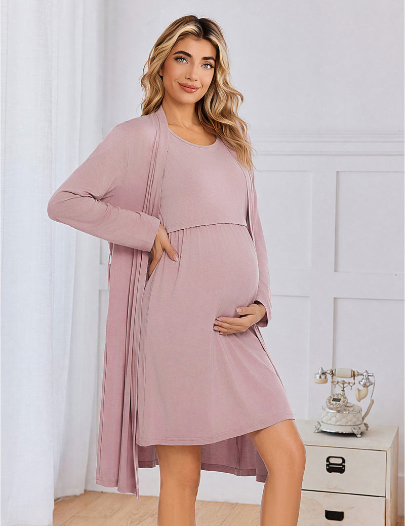 Maternity nursing gown and robe set in mauve, long-sleeve dress with open front robe
