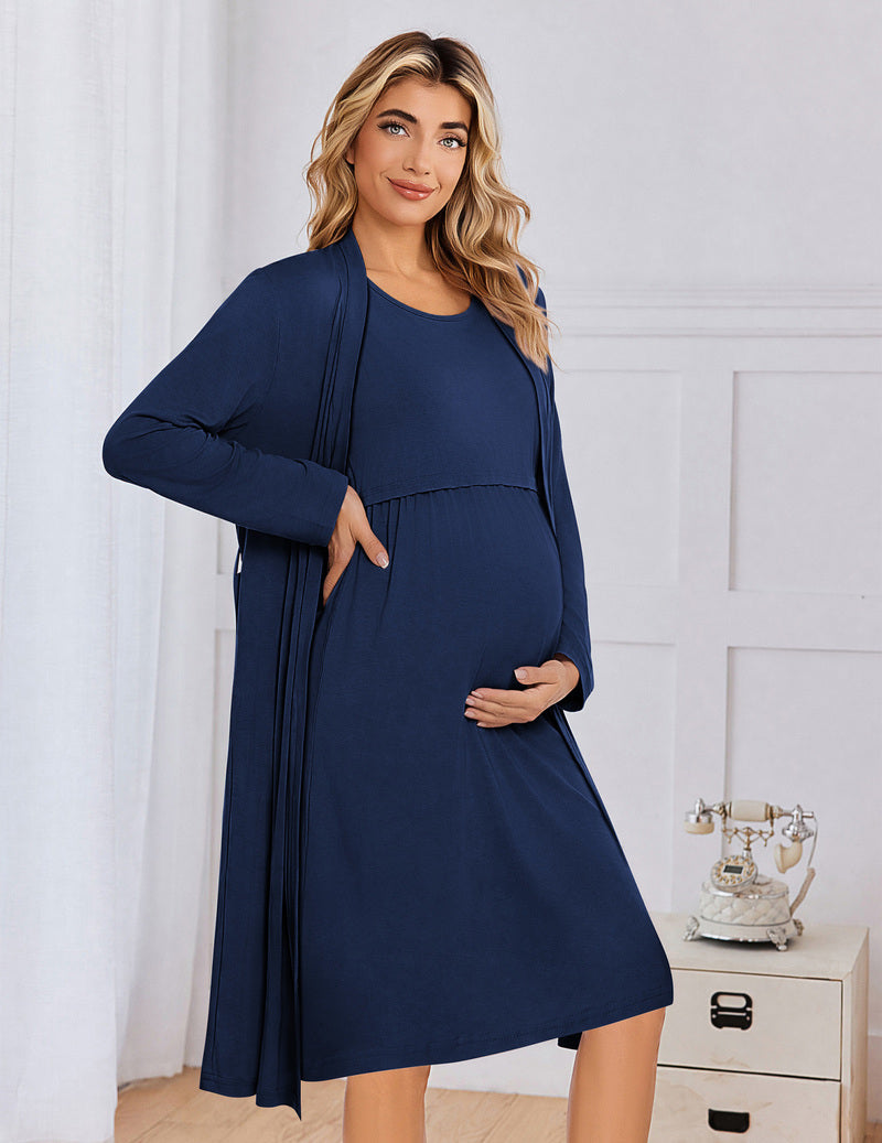 Maternity nursing gown and robe set in navy, long-sleeve dress with open front robe
