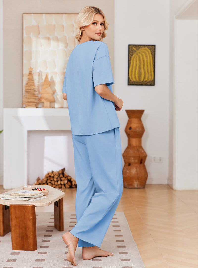 Ekouaer Cotton Short Sleeve Pajama Set Long Pants Sleepwear