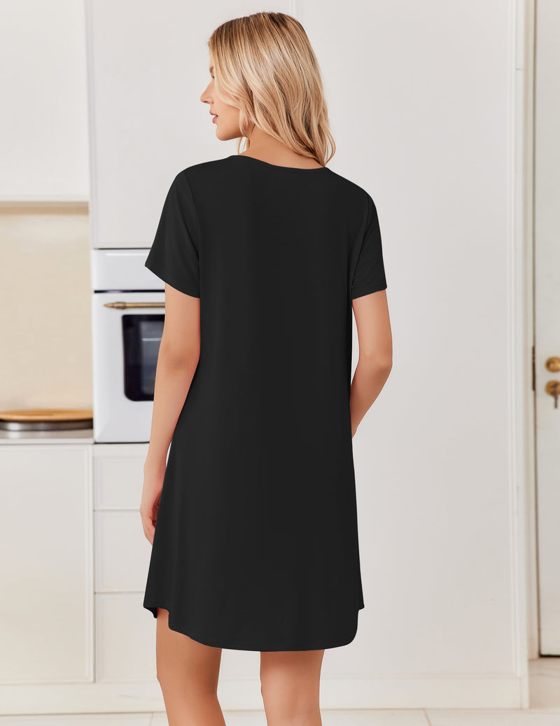 Black bamboo viscose short-sleeve sleep shirt nightgown with round neckline