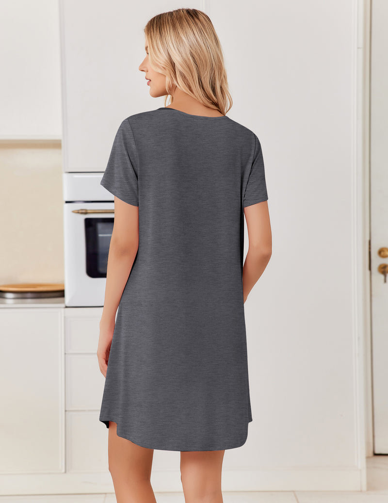 Dark grey bamboo viscose short-sleeve sleep shirt nightgown with round neckline