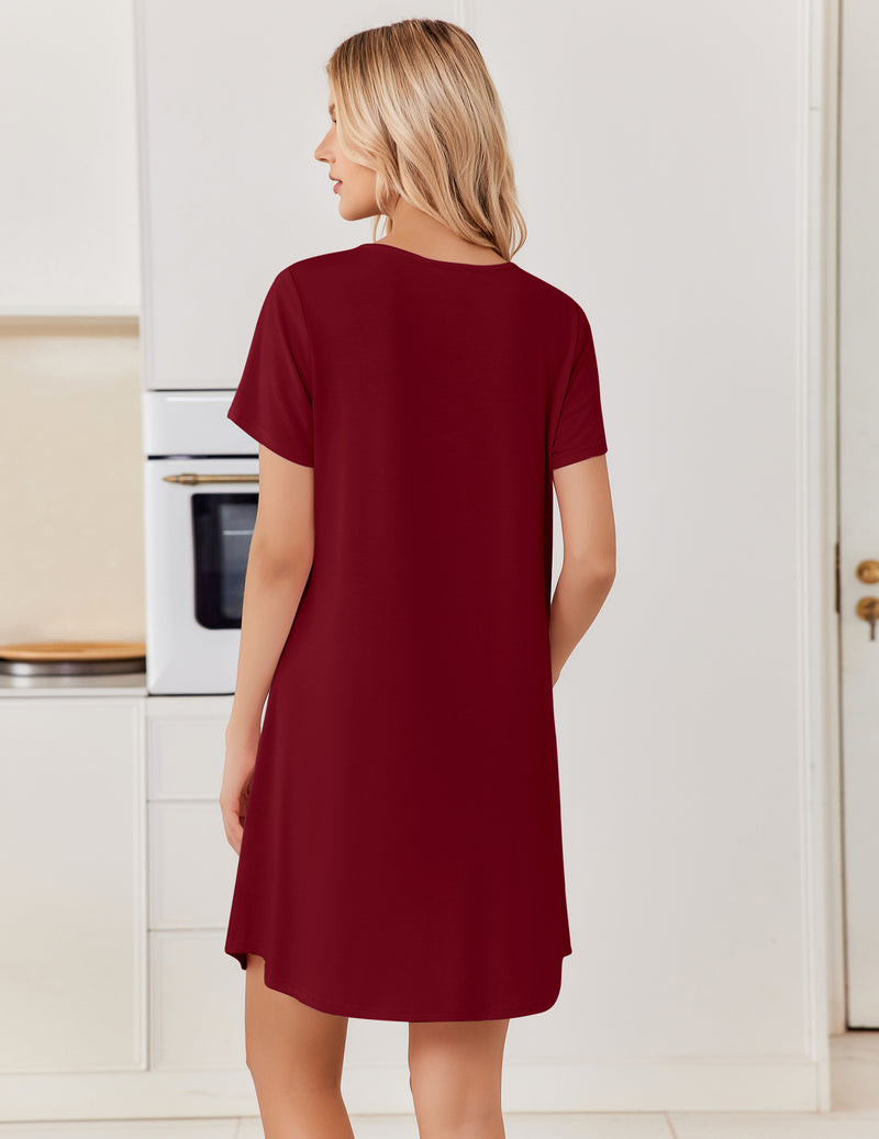 Wine red bamboo viscose short-sleeve sleep shirt nightgown with round neckline