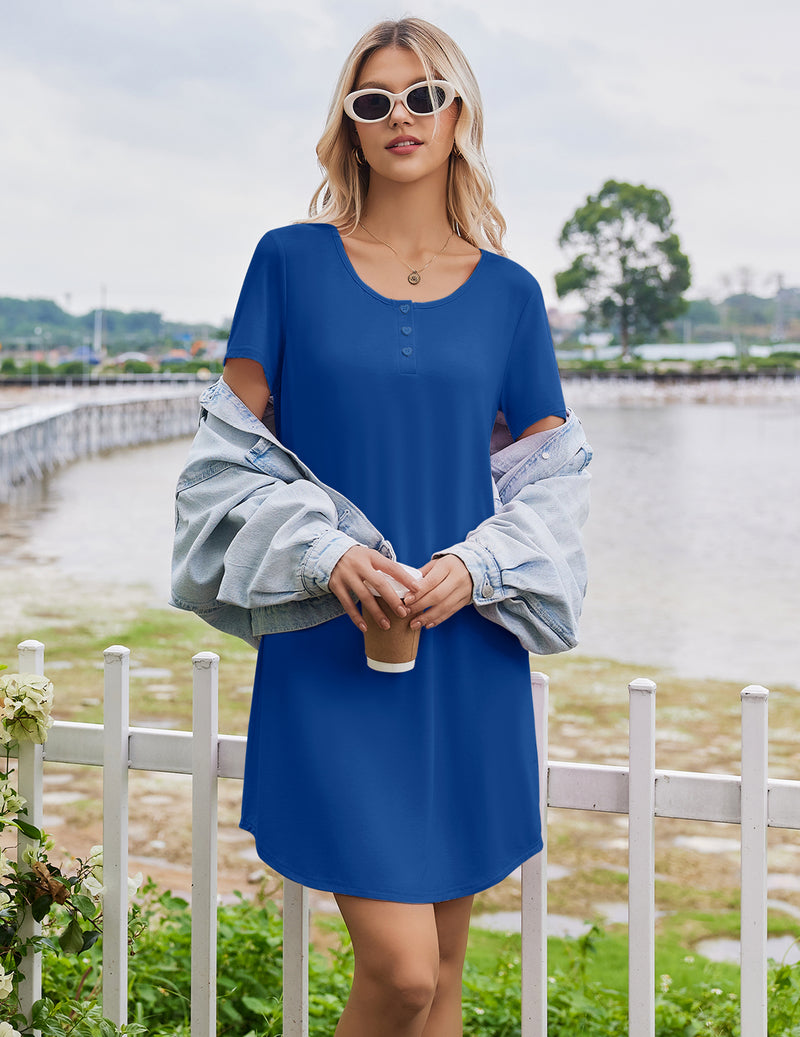 Bamboo viscose short-sleeve sleep shirt nightgown in deep blue with scoop neckline