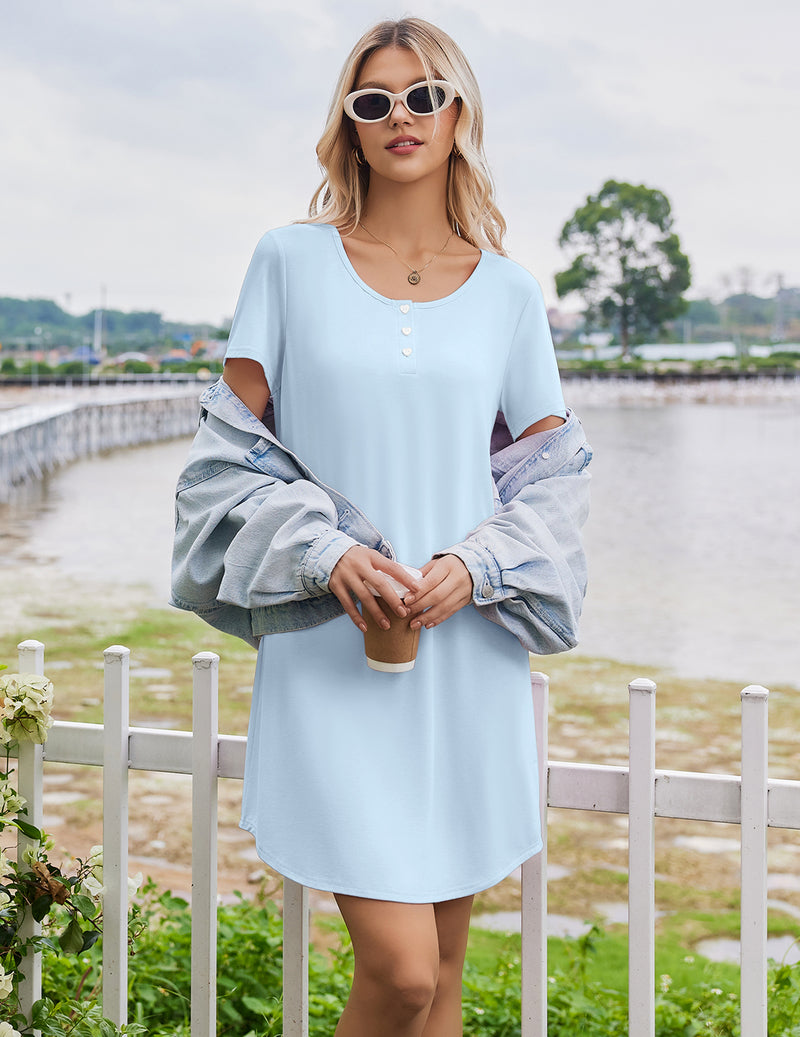 Bamboo viscose short-sleeve sleep shirt nightgown in sky blue with button front