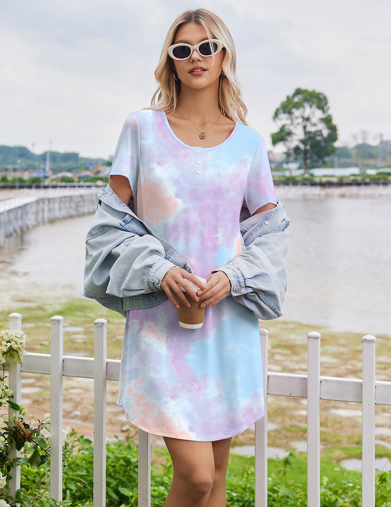 Bamboo viscose short-sleeve sleep shirt nightgown in pastel tie-dye with scoop neckline