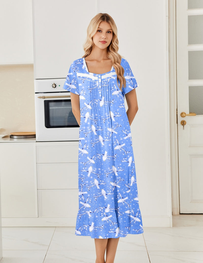 Cotton button-front long nightgown in blue with scattered white speckles and ruffle hem