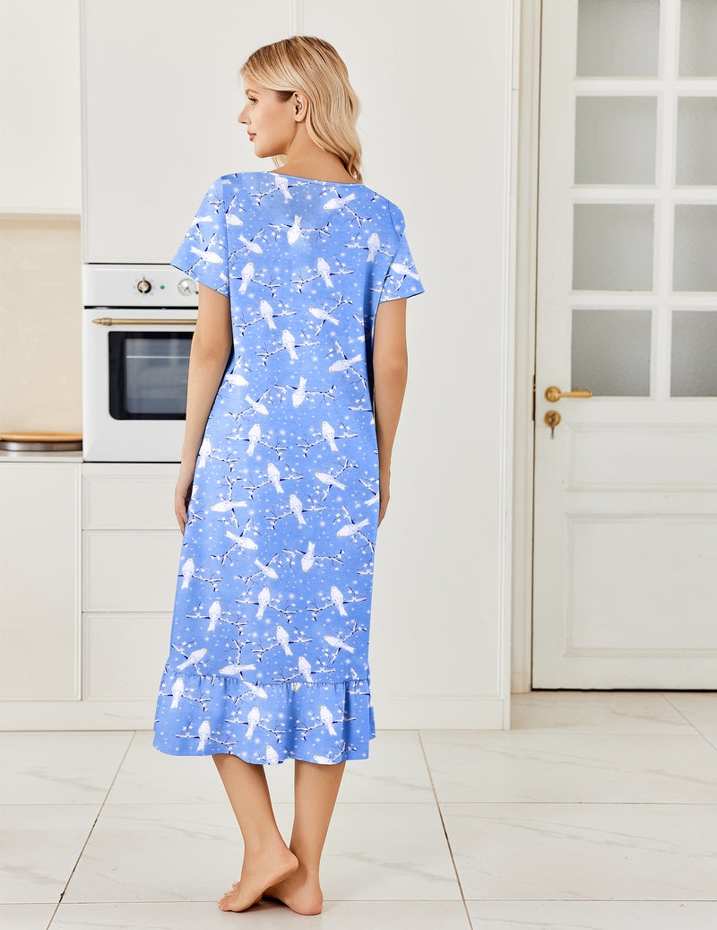 Blue cotton long nightgown with button-front and lace-trim neckline, short sleeves