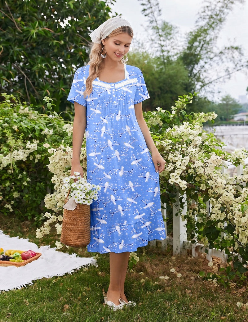 Blue patterned cotton long nightgown with button-front and lace-trim neckline