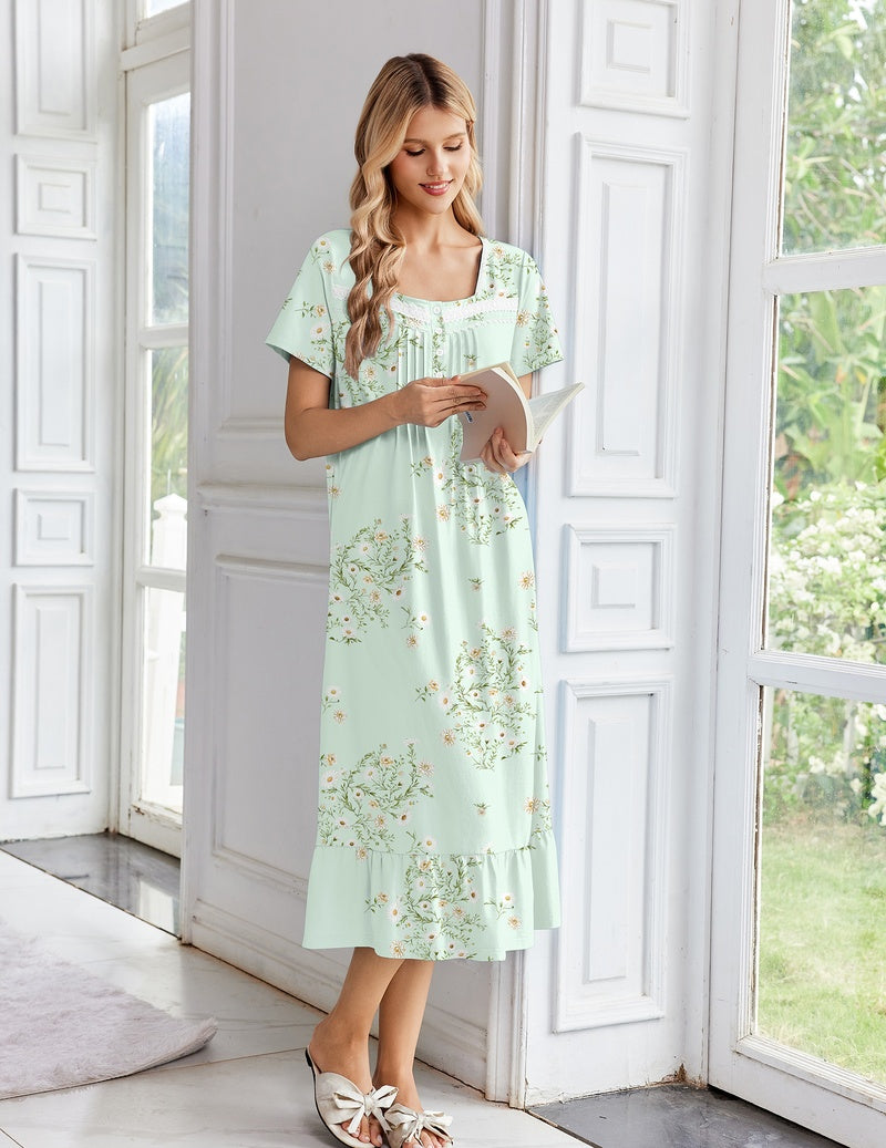 Mint green cotton long nightgown with button-front, lace-trim square neckline