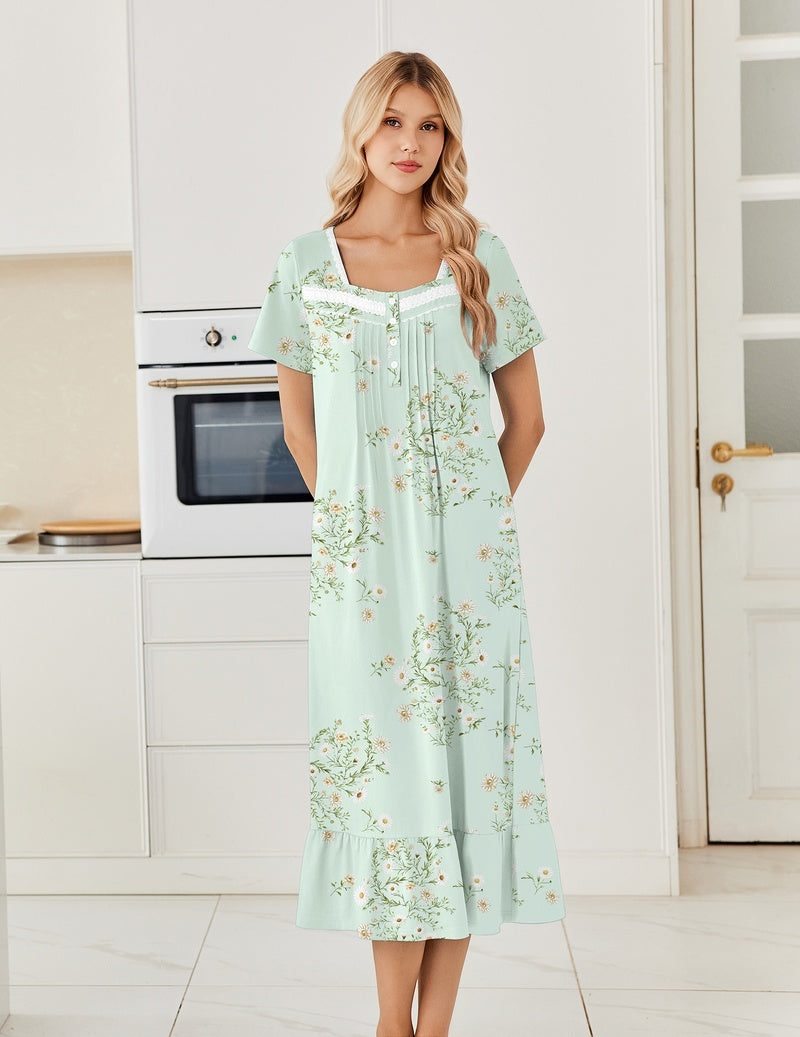 Mint green floral cotton long nightgown with button-front and lace-trim neckline