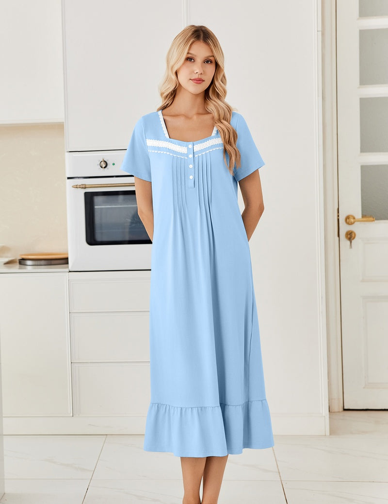 Light blue cotton long nightgown with button-front and lace-trim square neckline