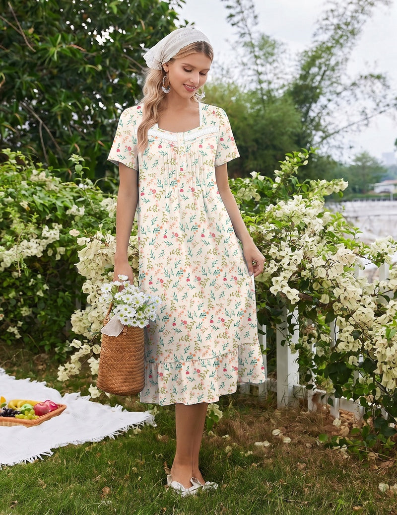 Cream floral cotton long nightgown with button-front and lace-trim neckline, short sleeves