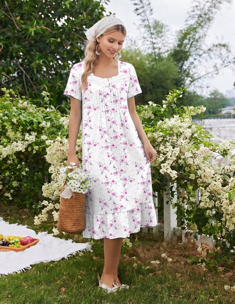 Women's floral cotton nightgown, short sleeves, lace-trim round neckline, ruffled hem