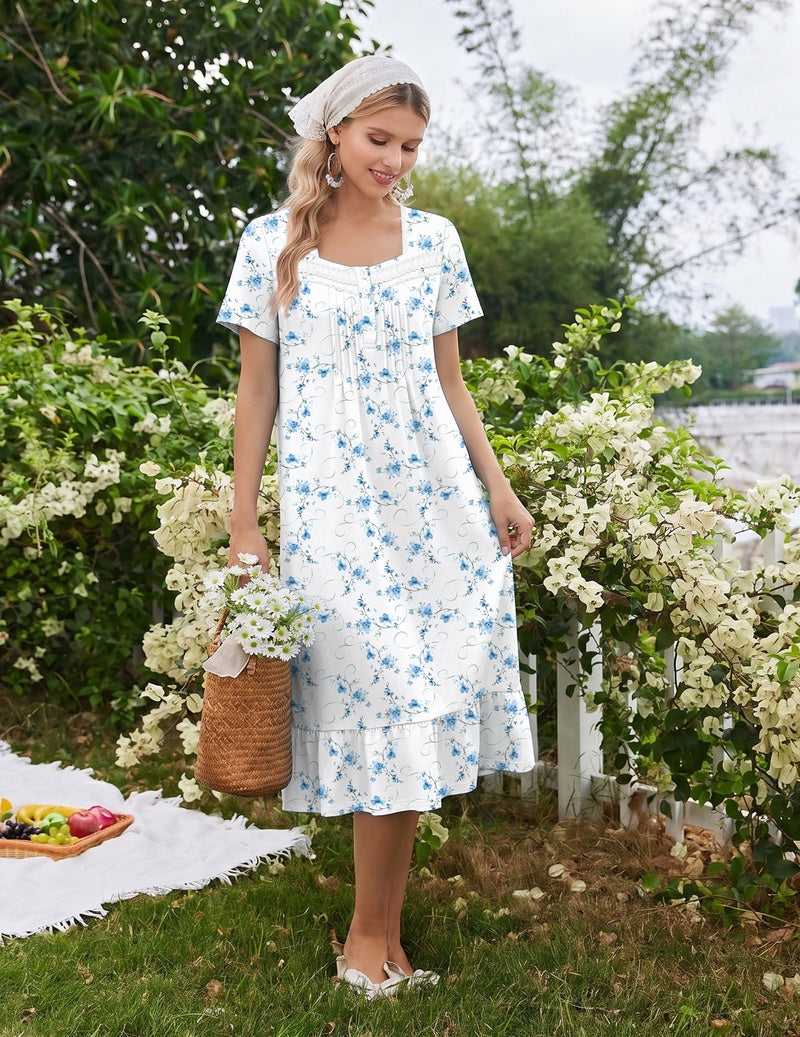 Women's blue floral cotton nightgown, short sleeves, lace-trim round neckline, ruffled hem