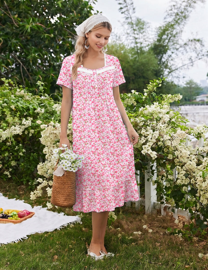 Women's pink floral cotton nightgown, short sleeves, lace-trim round neckline, ruffled hem