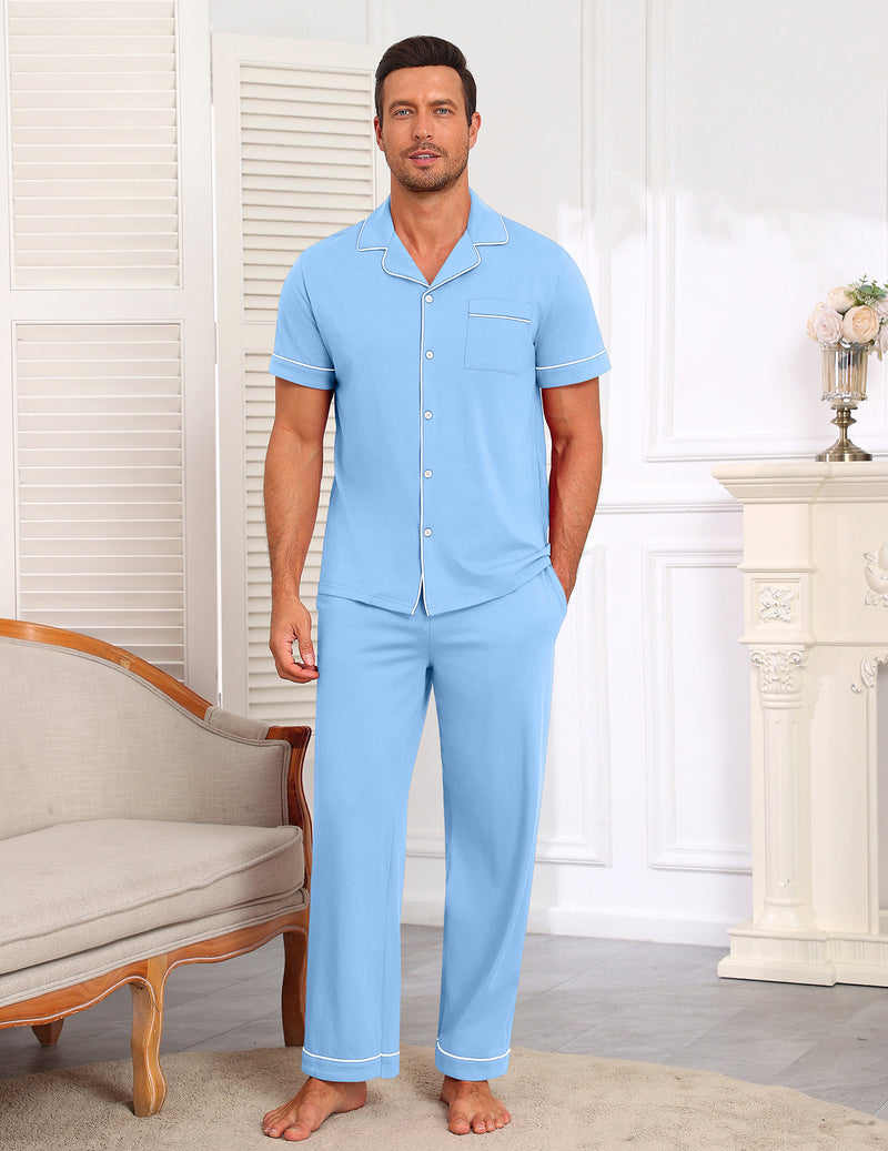 Light blue short-sleeve cotton pajama set with button-front shirt and matching long pants