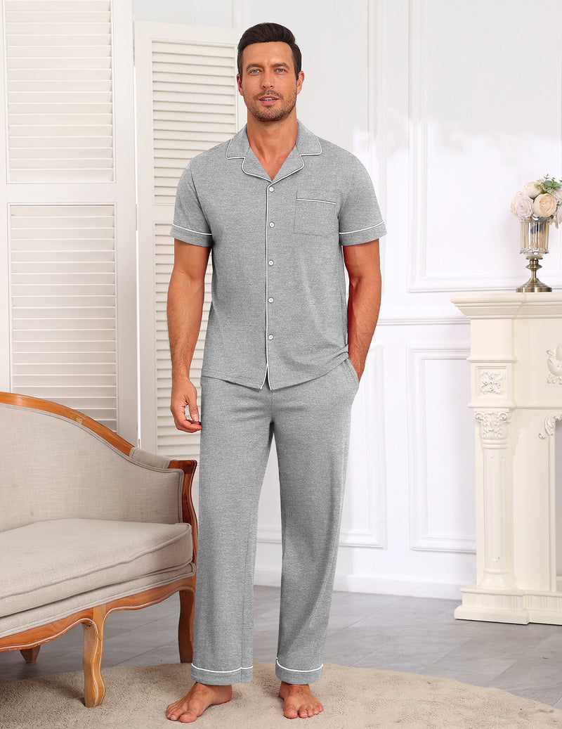 Gray short-sleeve cotton pajama set with button-front shirt and matching pants