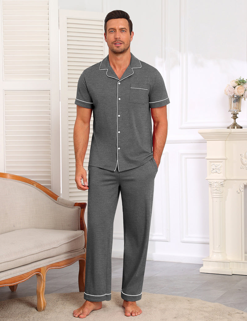 Gray short-sleeve cotton pajama set with chest pocket, button front, and contrast trim