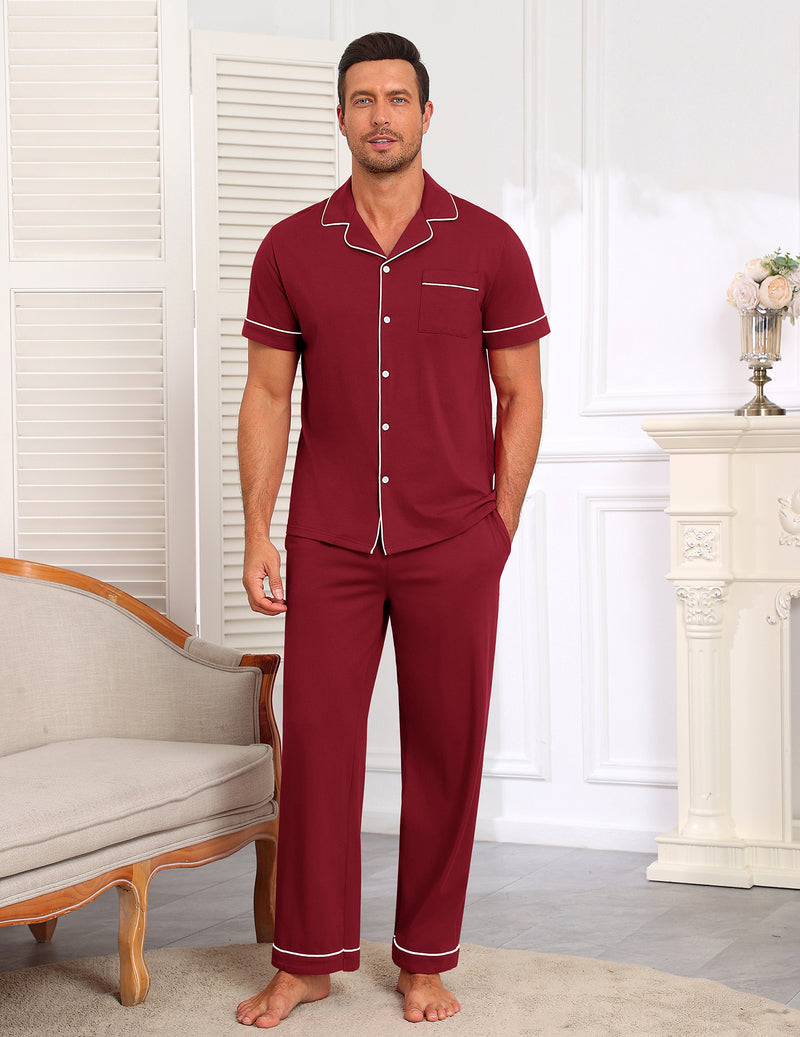 Wine red short-sleeve cotton pajama set with button-front shirt and matching long pants