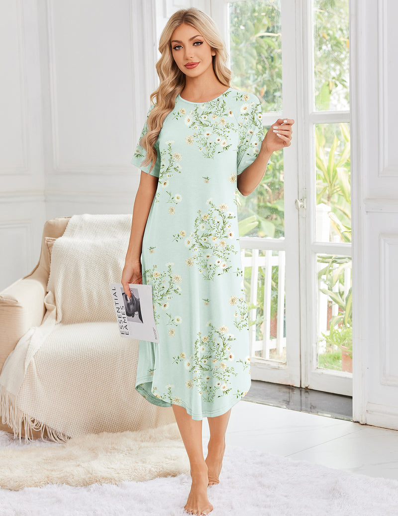 Mint green floral midi nightgown with short sleeves and round neckline