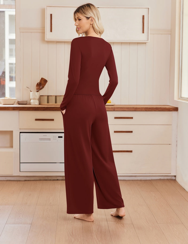 Burgundy ruched crew-neck top and wide-leg pants set, long sleeves