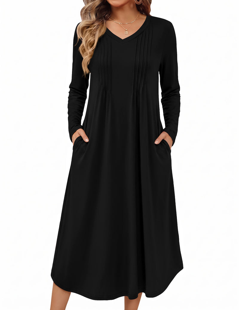 Black long-sleeve pleated V-neck nightgown with side pockets, midi length