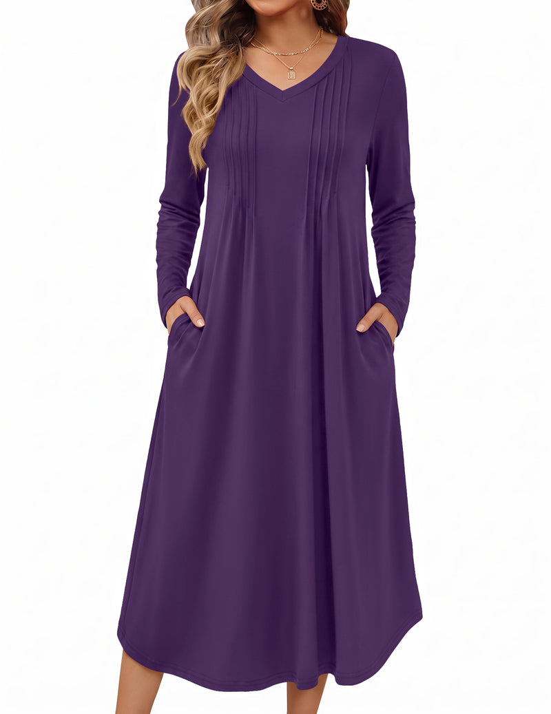 Purple long-sleeve pleated V-neck nightgown with side pockets, midi length
