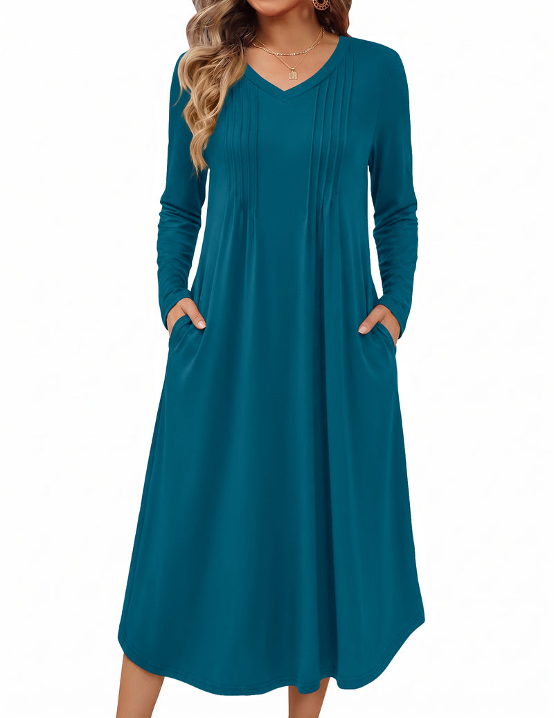 Teal long-sleeve pleated V-neck nightgown with side pockets, midi length