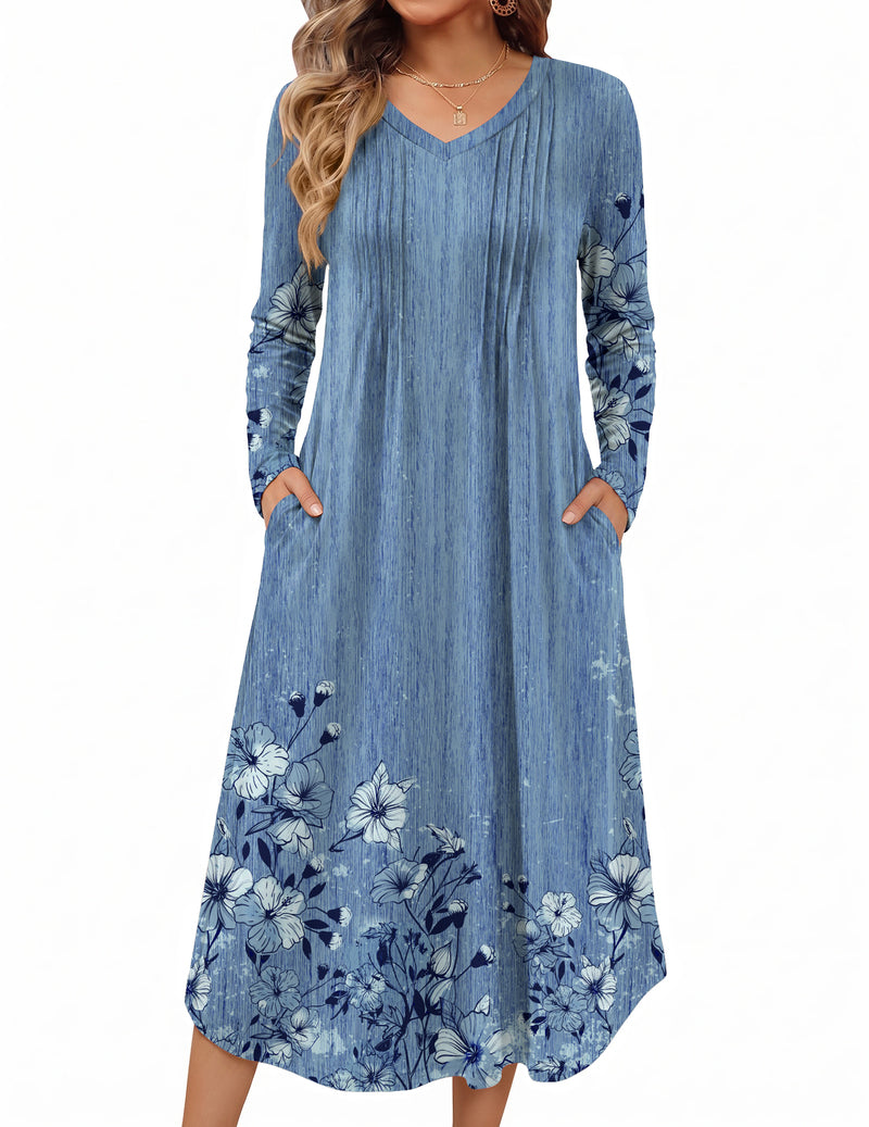 Blue long-sleeve V-neck nightgown with pleats and floral hem, side pockets