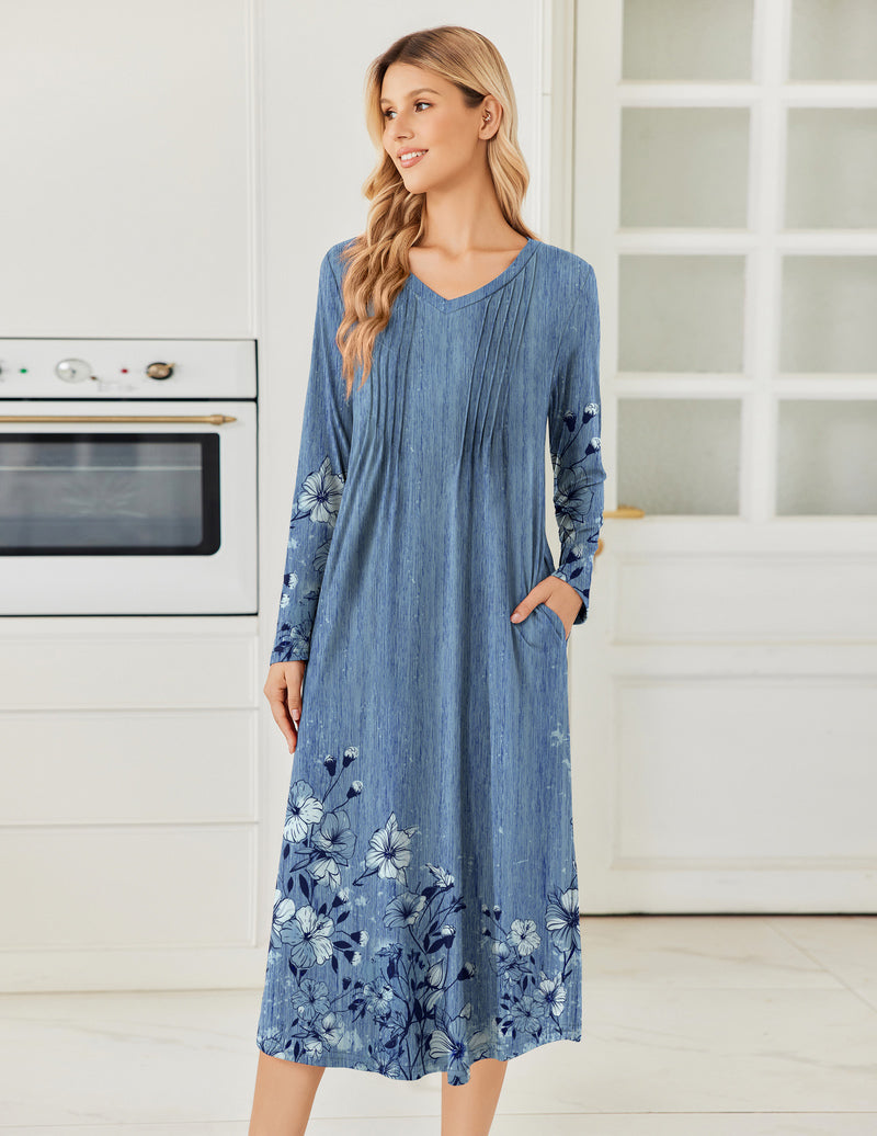 Blue long-sleeve V-neck nightgown with floral hem, pleated bodice, side pockets
