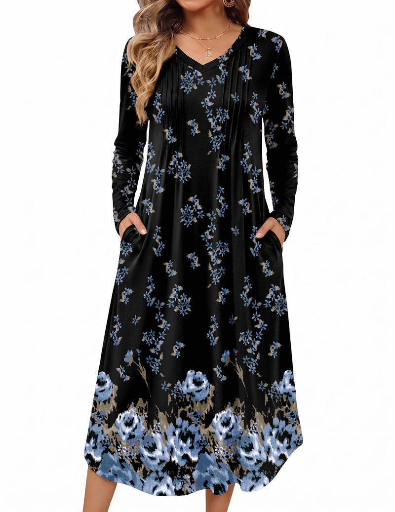 Black long-sleeve V-neck nightgown with blue floral print, pleated bodice, side pockets