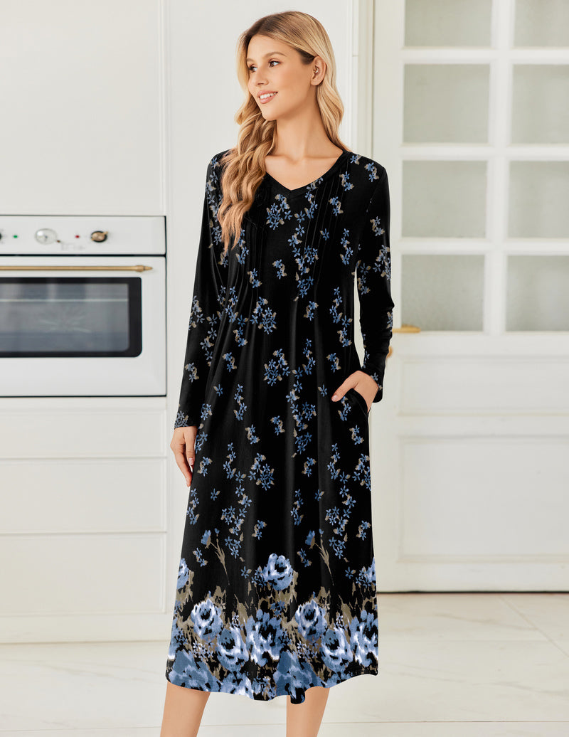 Black long-sleeve V-neck nightgown with blue floral print, pleated bodice, side pockets