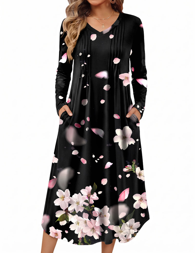 Black long-sleeve V-neck nightgown with pink floral print, pleated bodice, side pockets